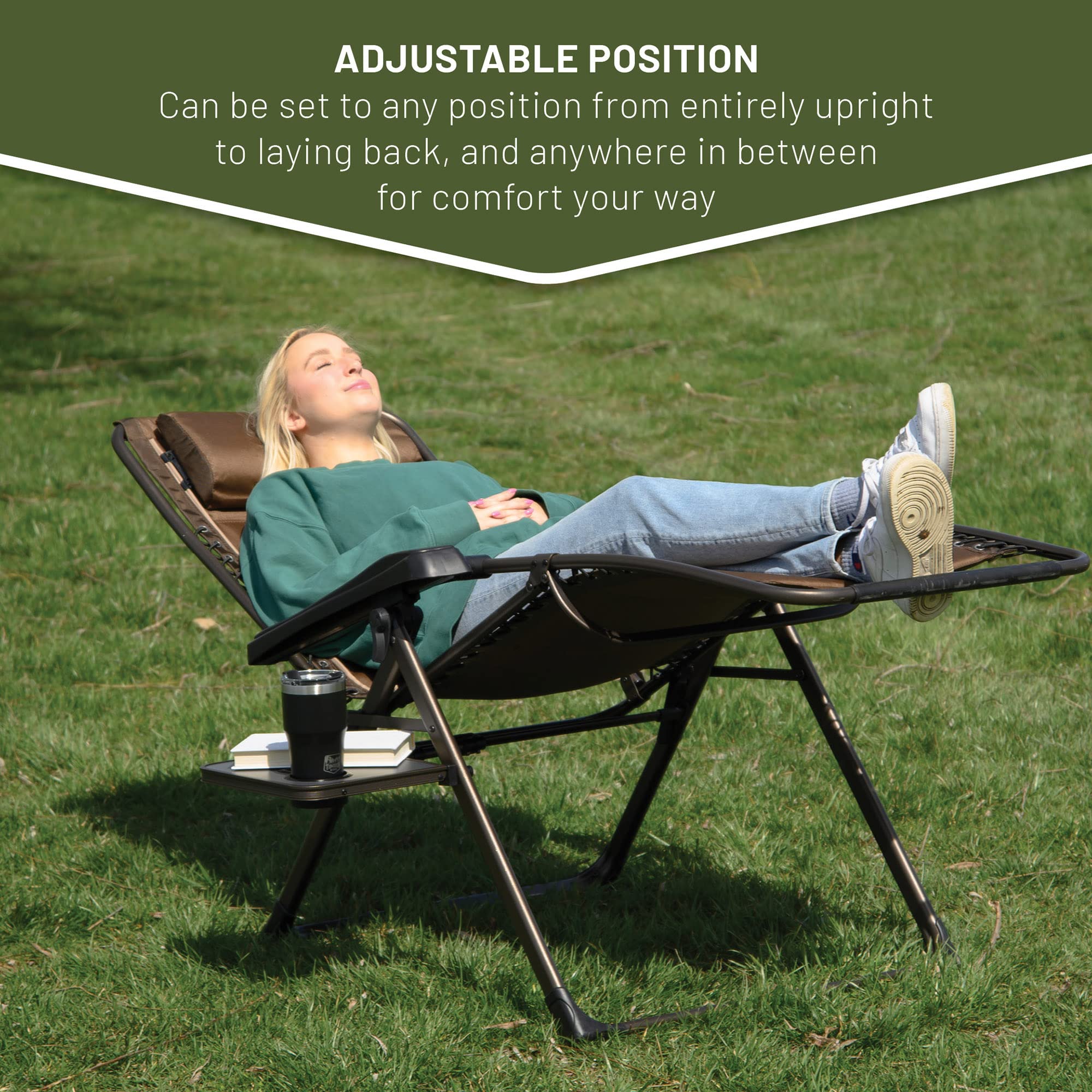 TIMBER RIDGE Zero Gravity Chair with cup holder keeps beverages within reach.