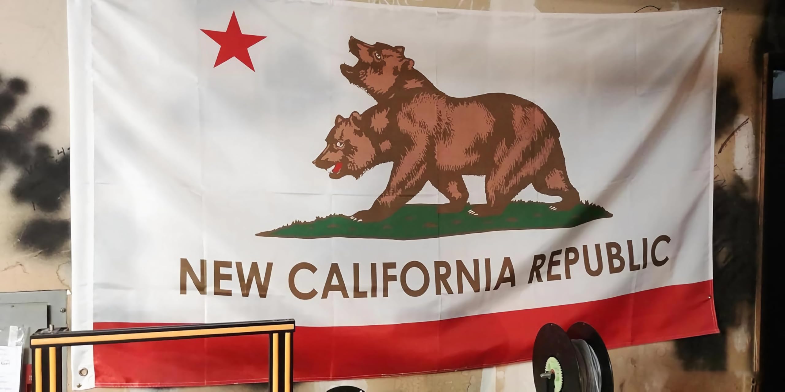 Time Roaming New California Republic flag flying on a pole indoors.
