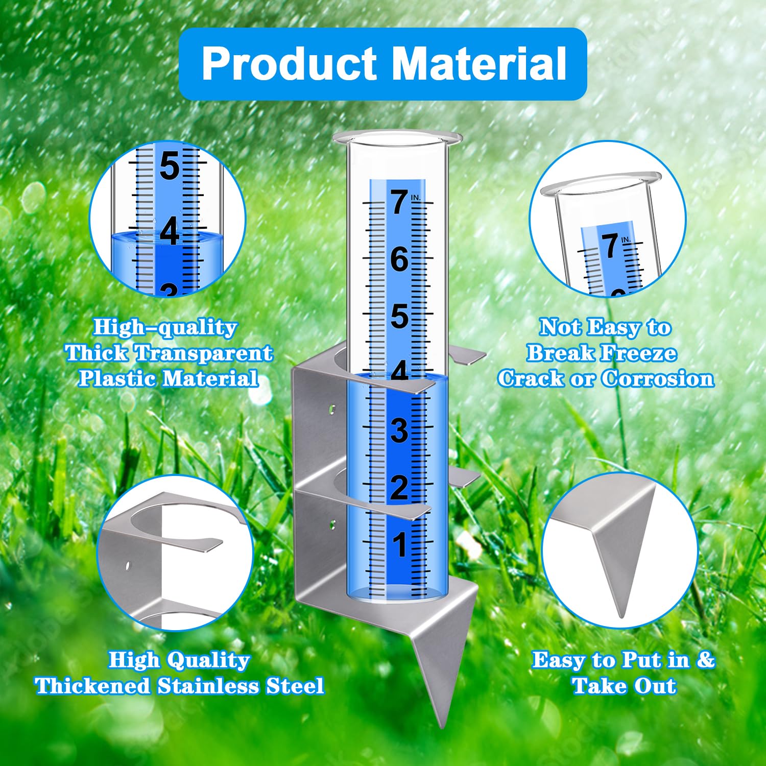 Timenued clear plastic rain gauge tube for easy reading in sun or shade.