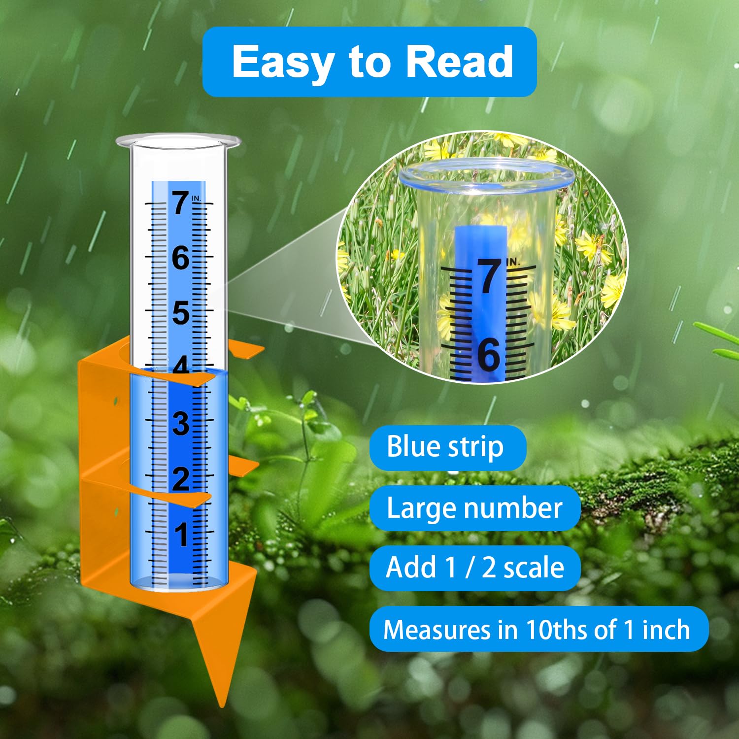 Timenued rain gauge with blue scale aids precise distant reading
