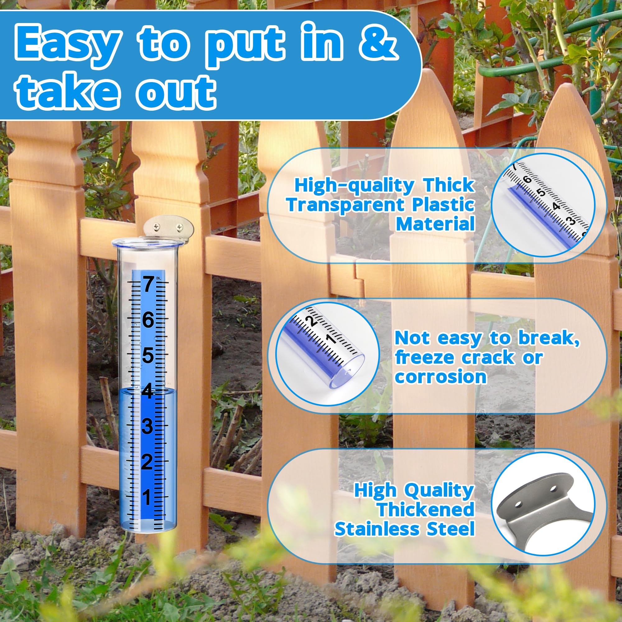 Timenued rain gauge blue scale for easy legibility from a distance.