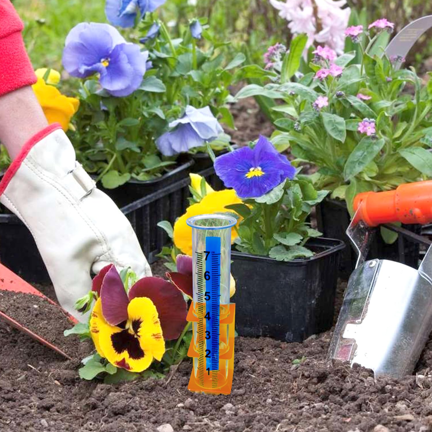 Timenued rain gauge used as garden outdoor decor