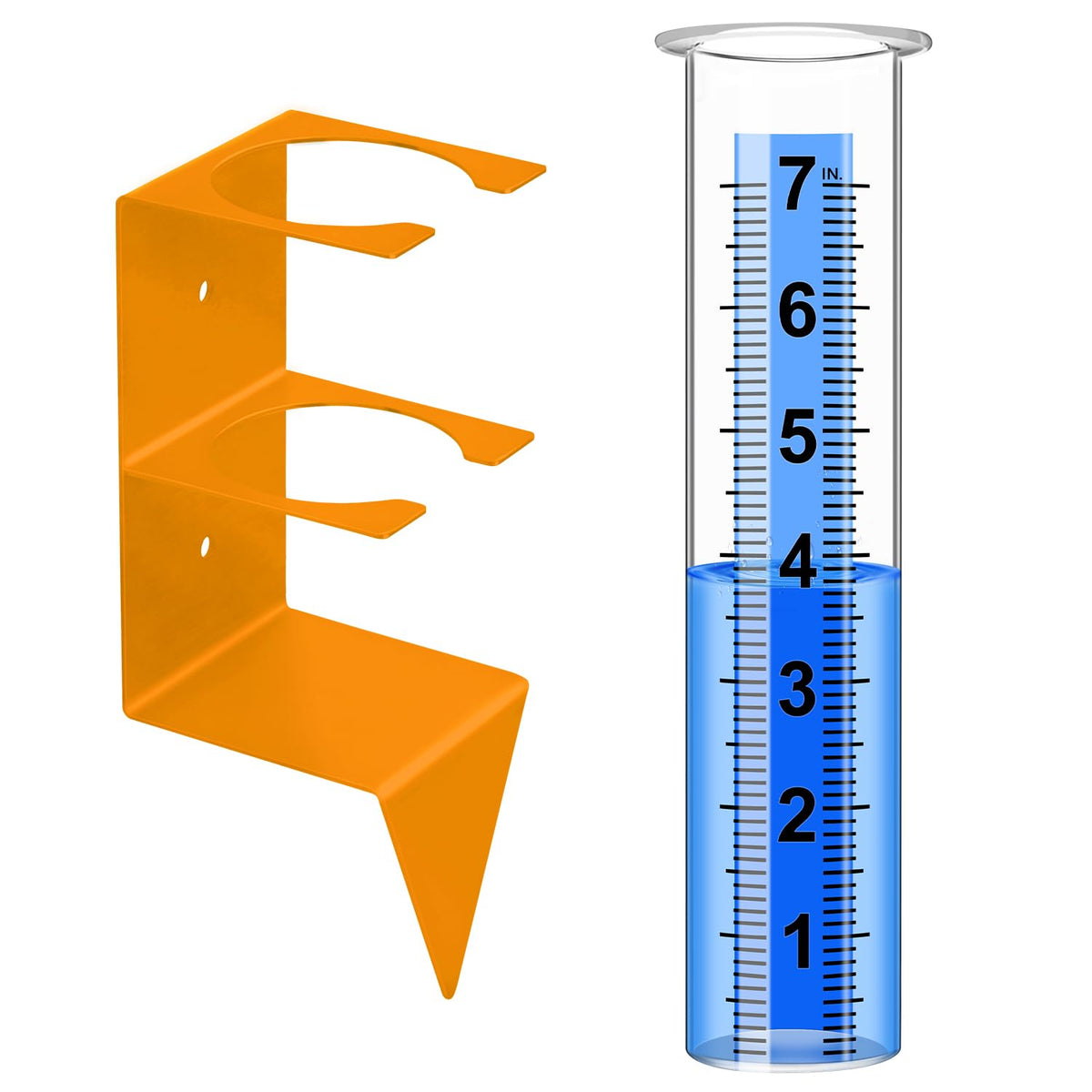 Timenued rain gauge with orange mounting rack for sturdy outdoor installation