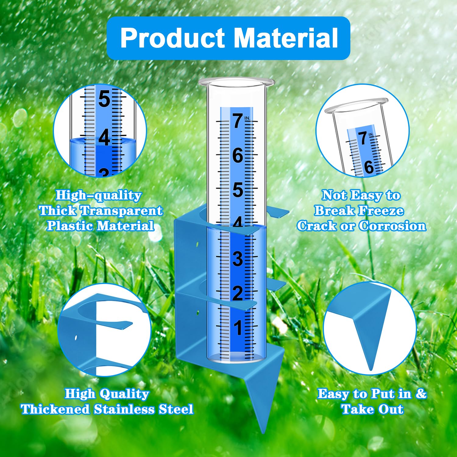 Timenued rain gauge mounted on post, fence, or stake for flexible placement.