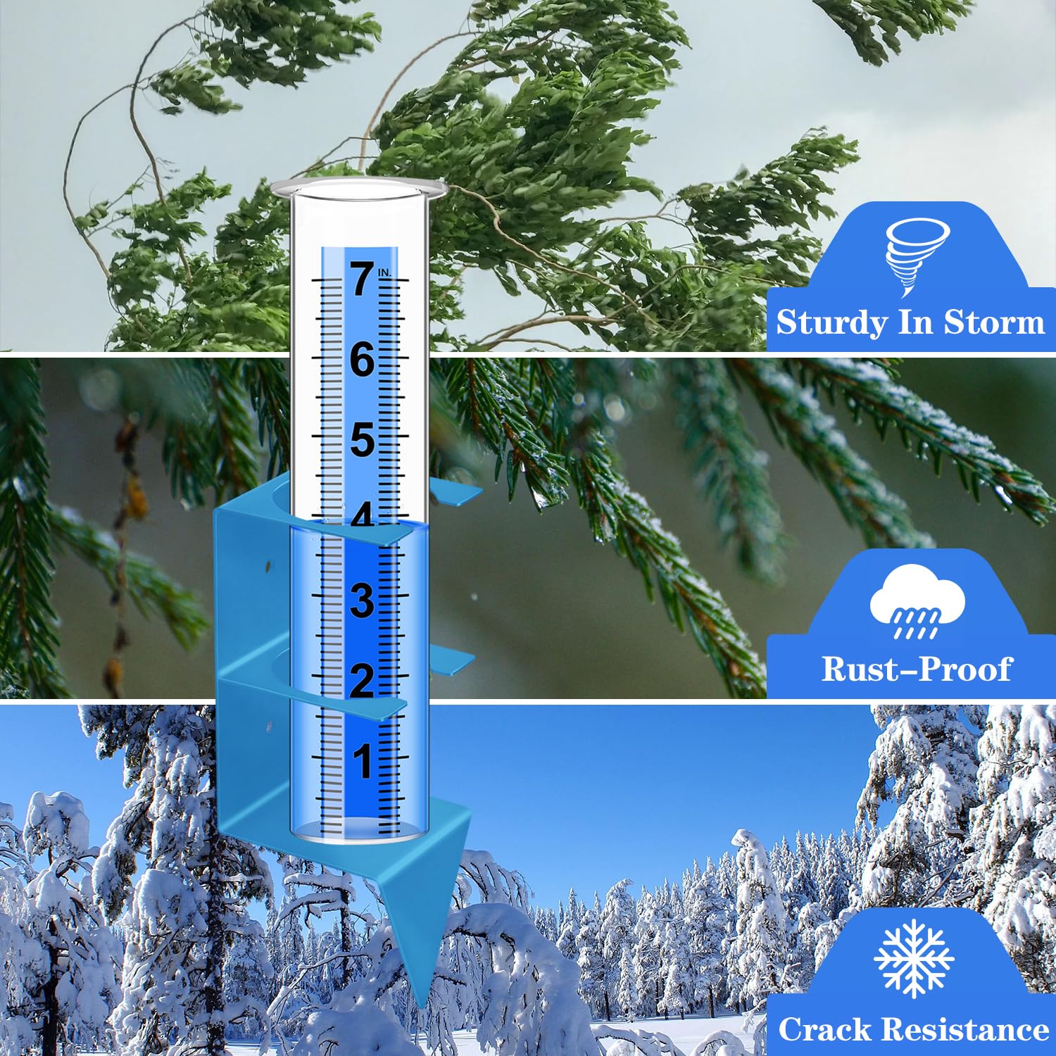Seven-inch scale on Timenued gauge supports precise rainfall tracking.