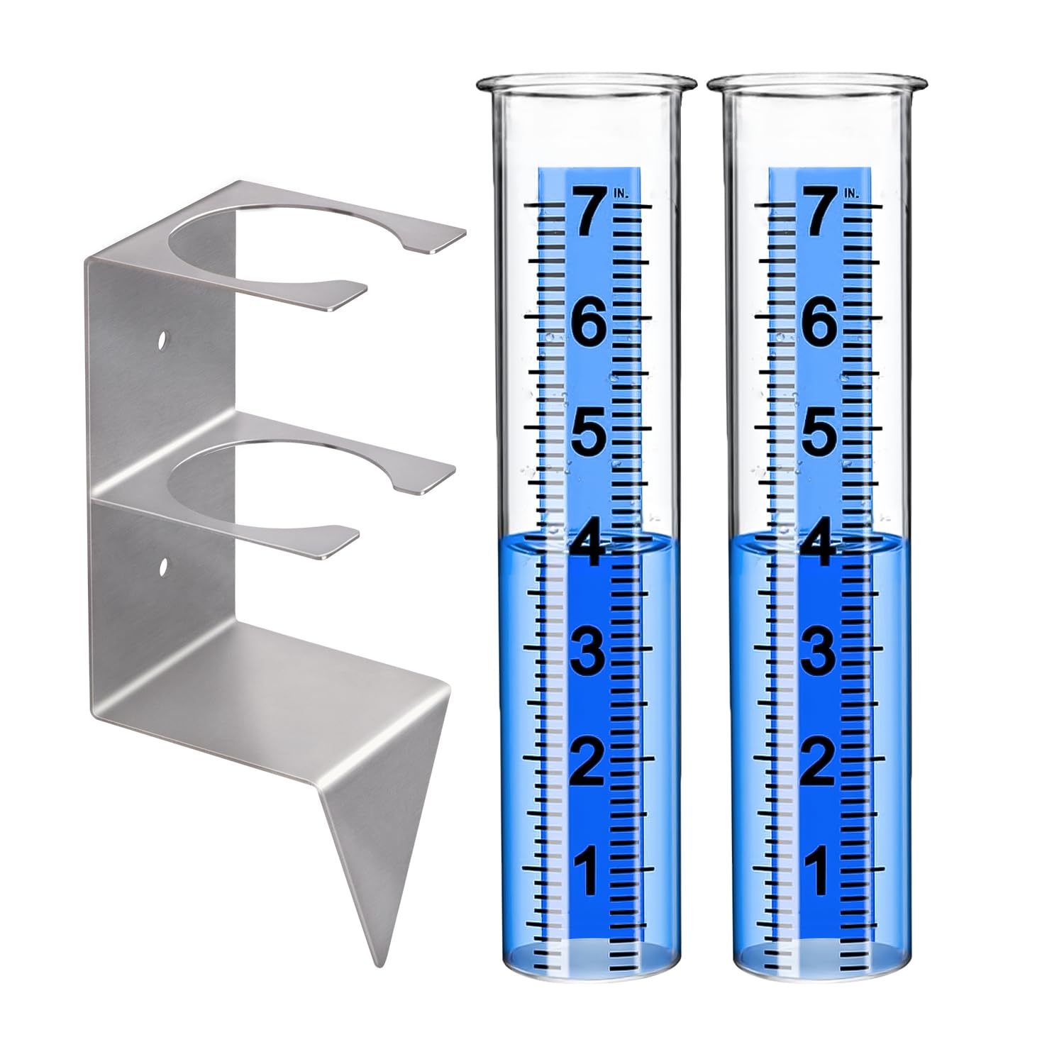 Timenued rain gauge with stainless steel rack for durable outdoor mounting.