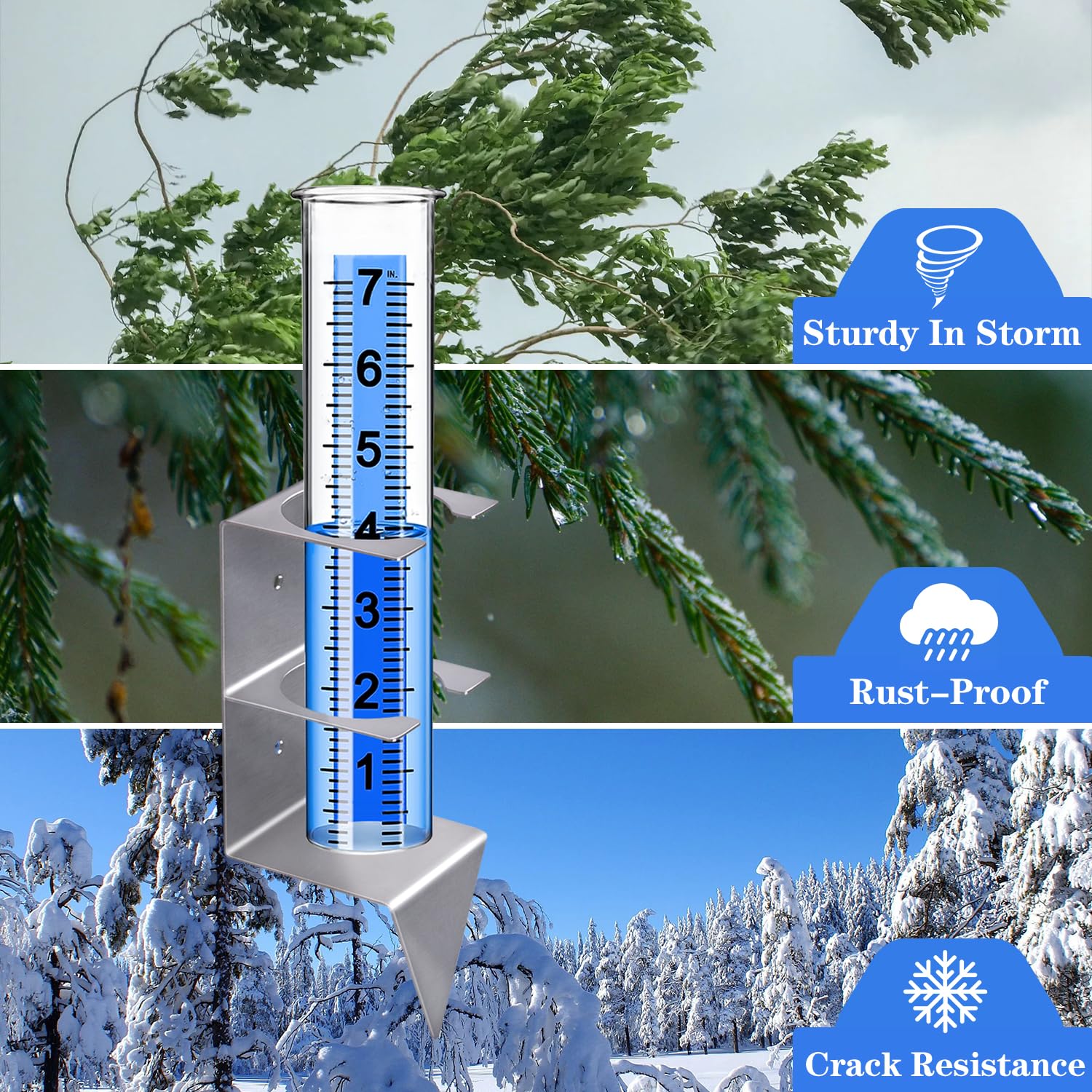 Timenued rain gauge suitable for yard and fence mounting applications.