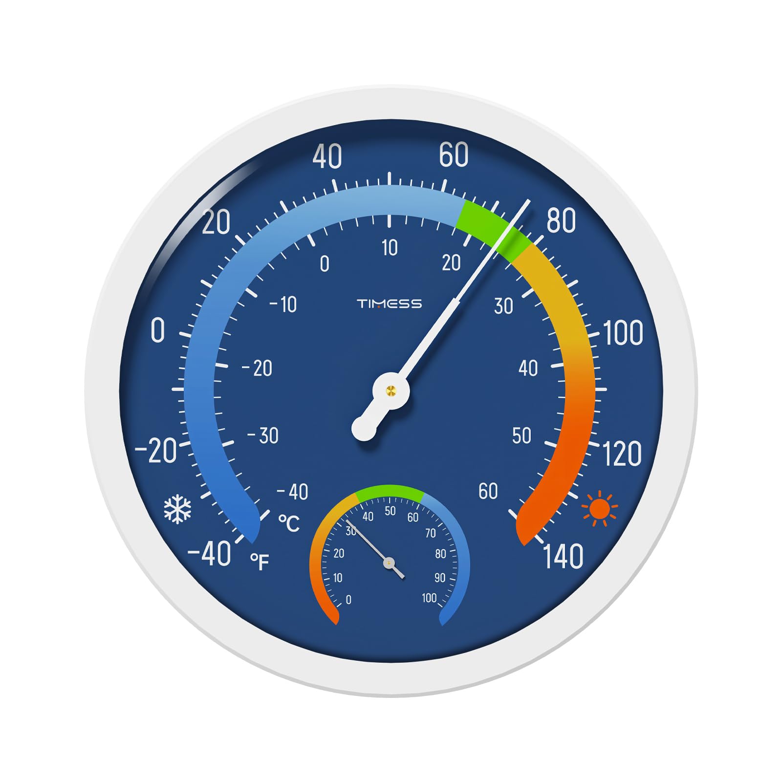 TIMESS indoor-outdoor thermo-hygrometer blue dial enables quick temperature and humidity readings