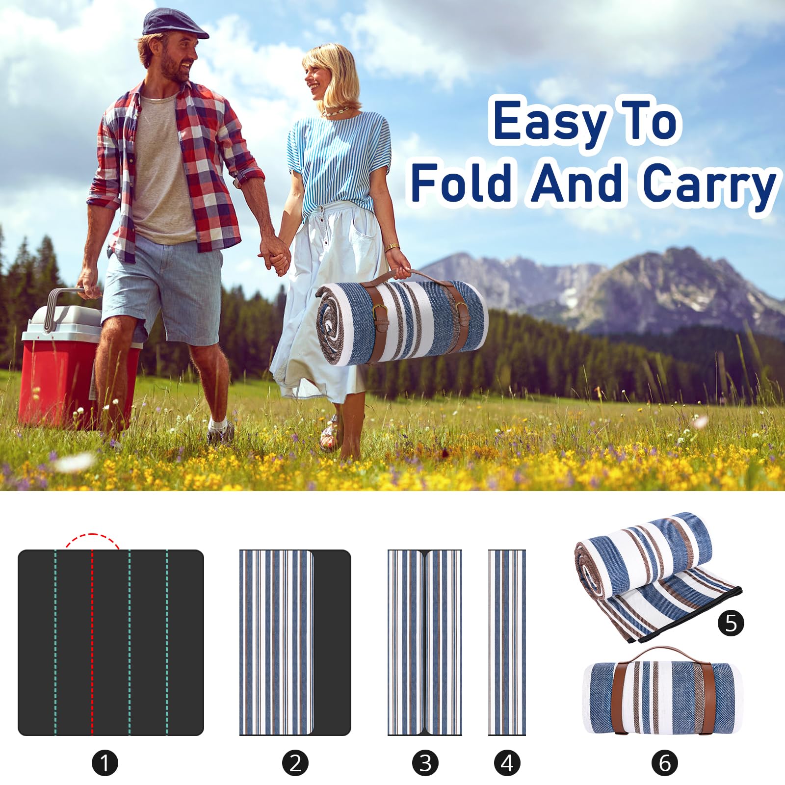 Timirock striped picnic blanket 3-layer construction delivers soft top and cushioned feel.