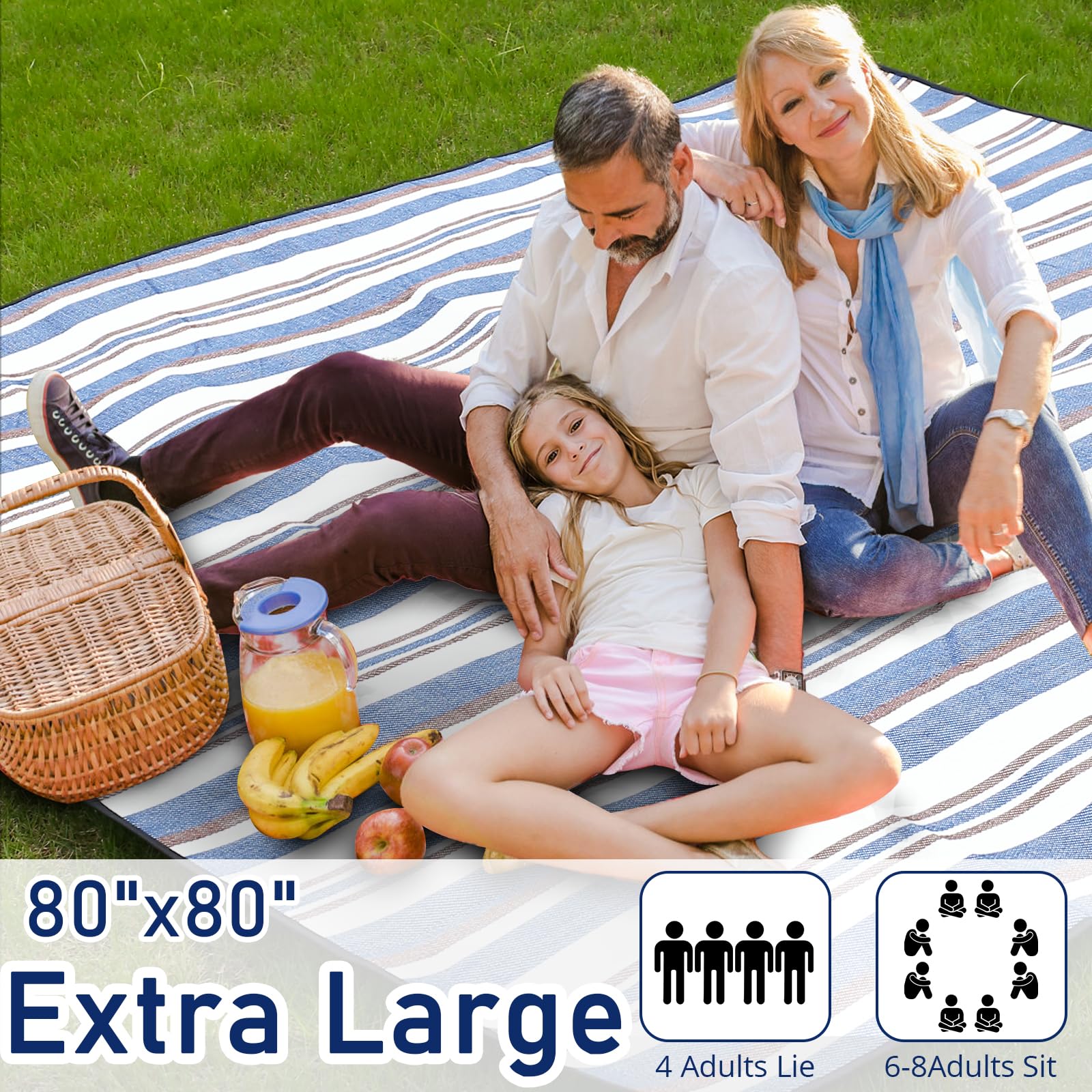 Timirock striped picnic blanket foldable with faux leather straps for quick packing.