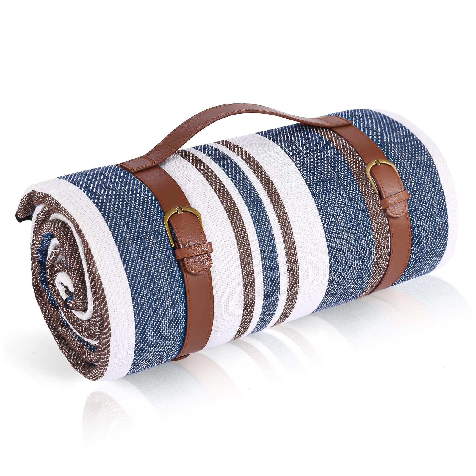 Timirock striped picnic blanket folded with strap, easy to carry for travel and picnics.