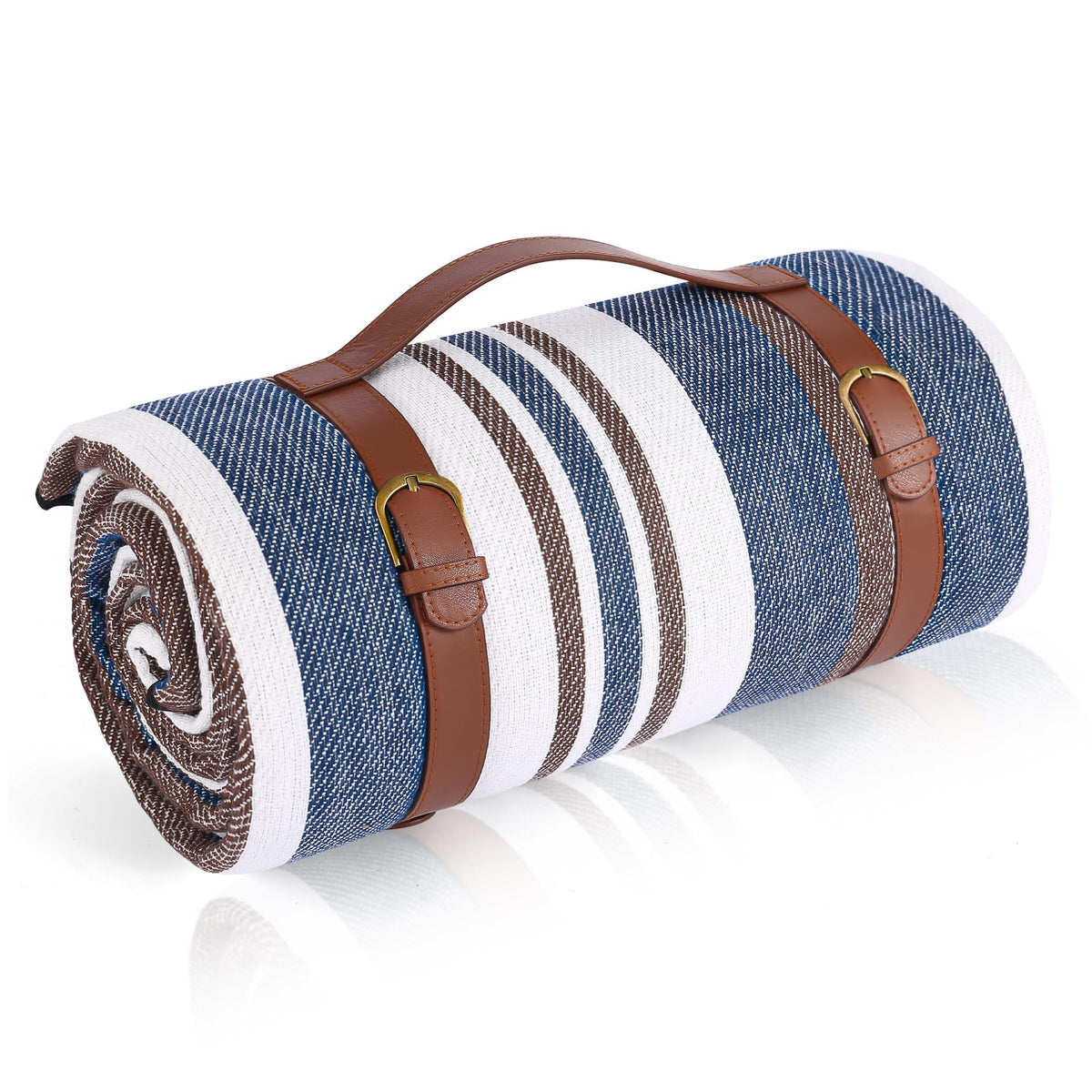 Timirock striped picnic blanket folded with strap, easy to carry for travel and picnics.