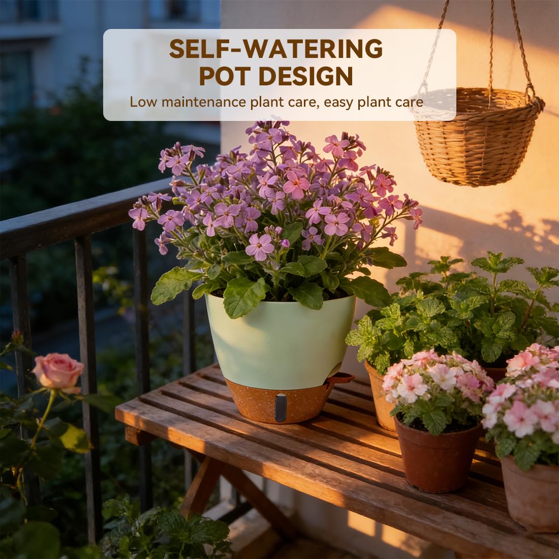 Tinecio self-watering pot mesh drainage holes promote air flow to roots.