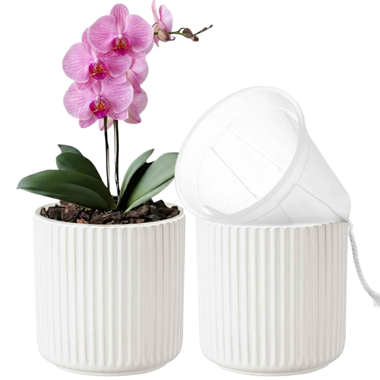 TineDew ceramic cachepot outer in white adds minimalist decor and surface protection.