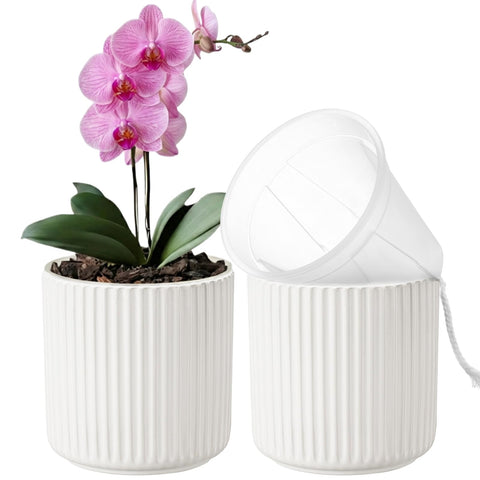 TineDew ceramic cachepot outer in white adds minimalist decor and surface protection.