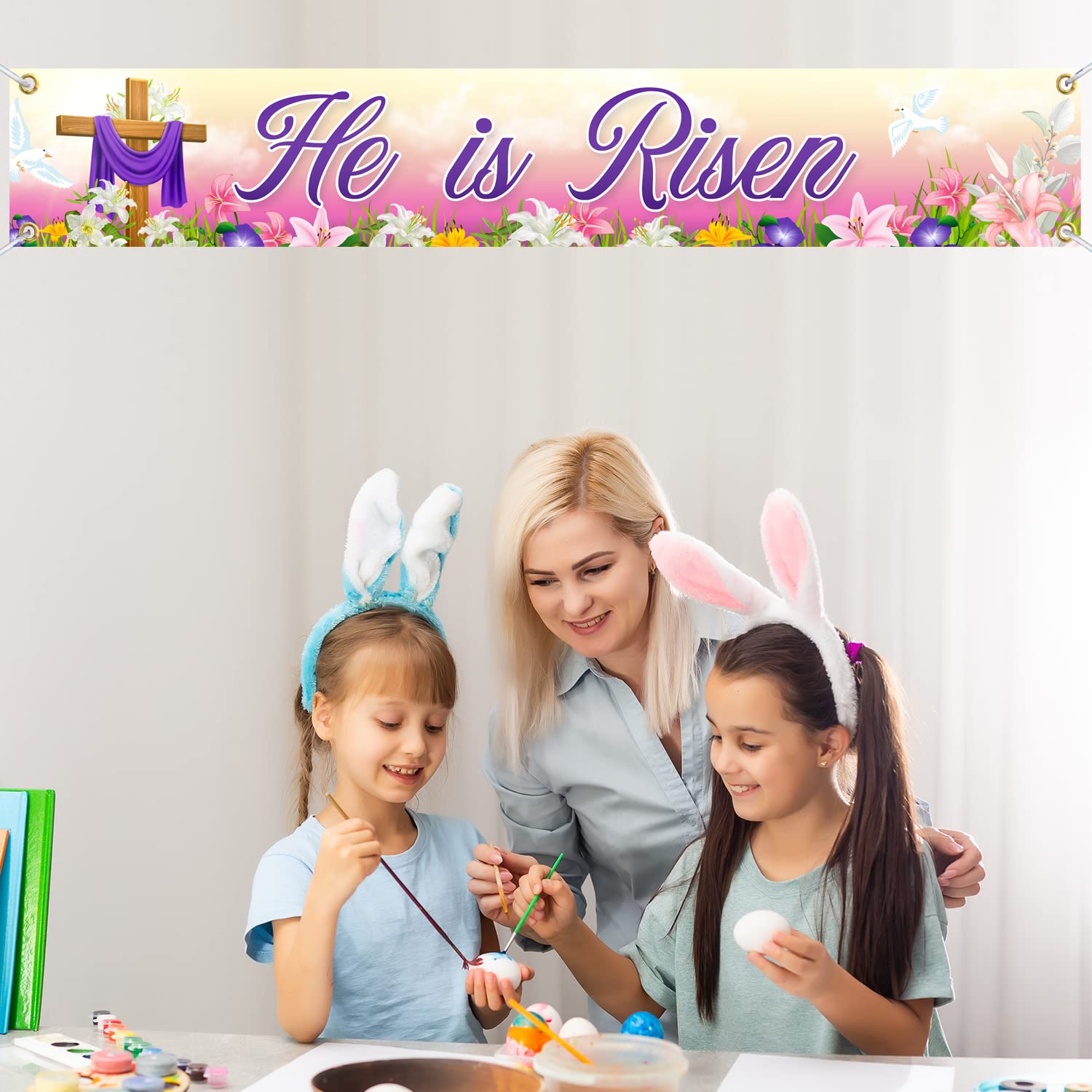 Tineit He is Risen banner used as window decor for celebrations