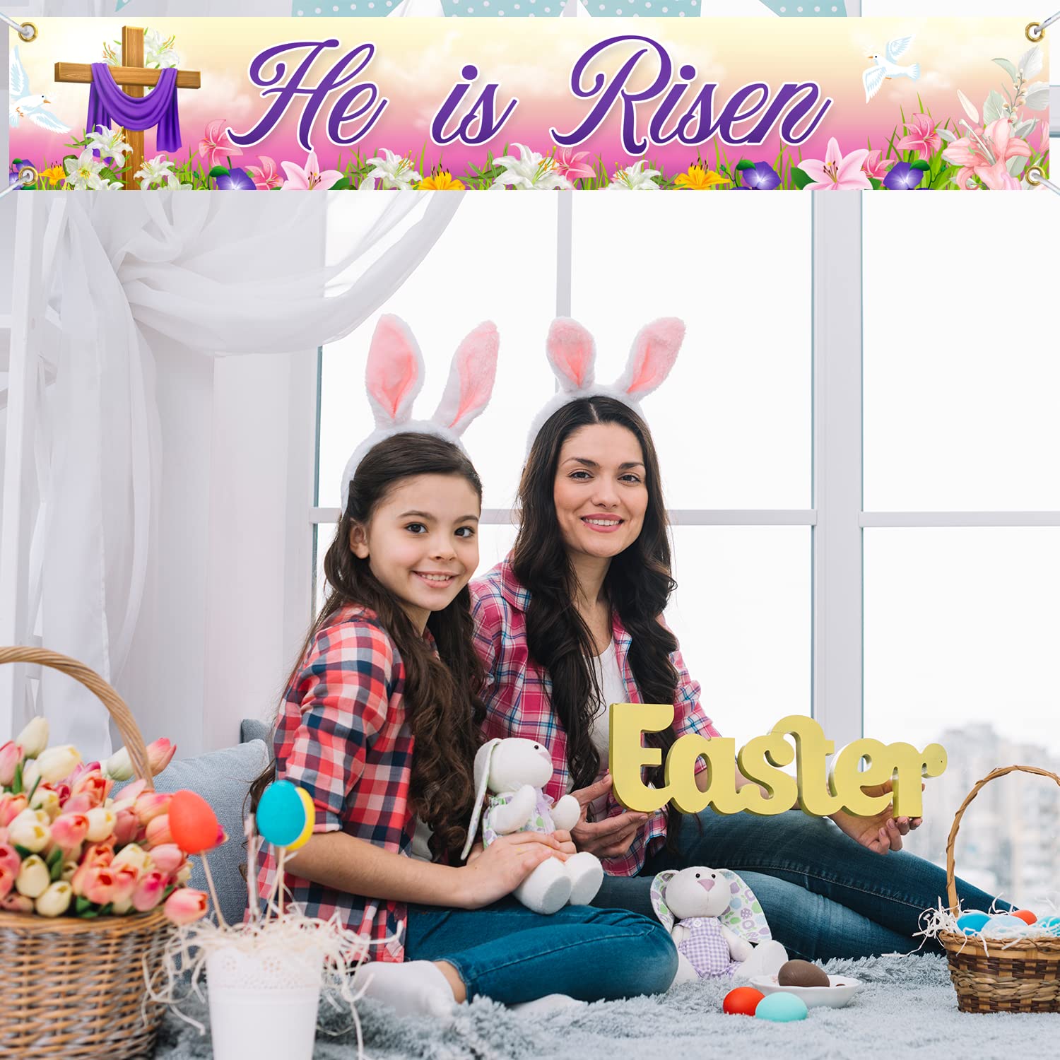 Tineit He is Risen banner in yard for outdoor Easter display