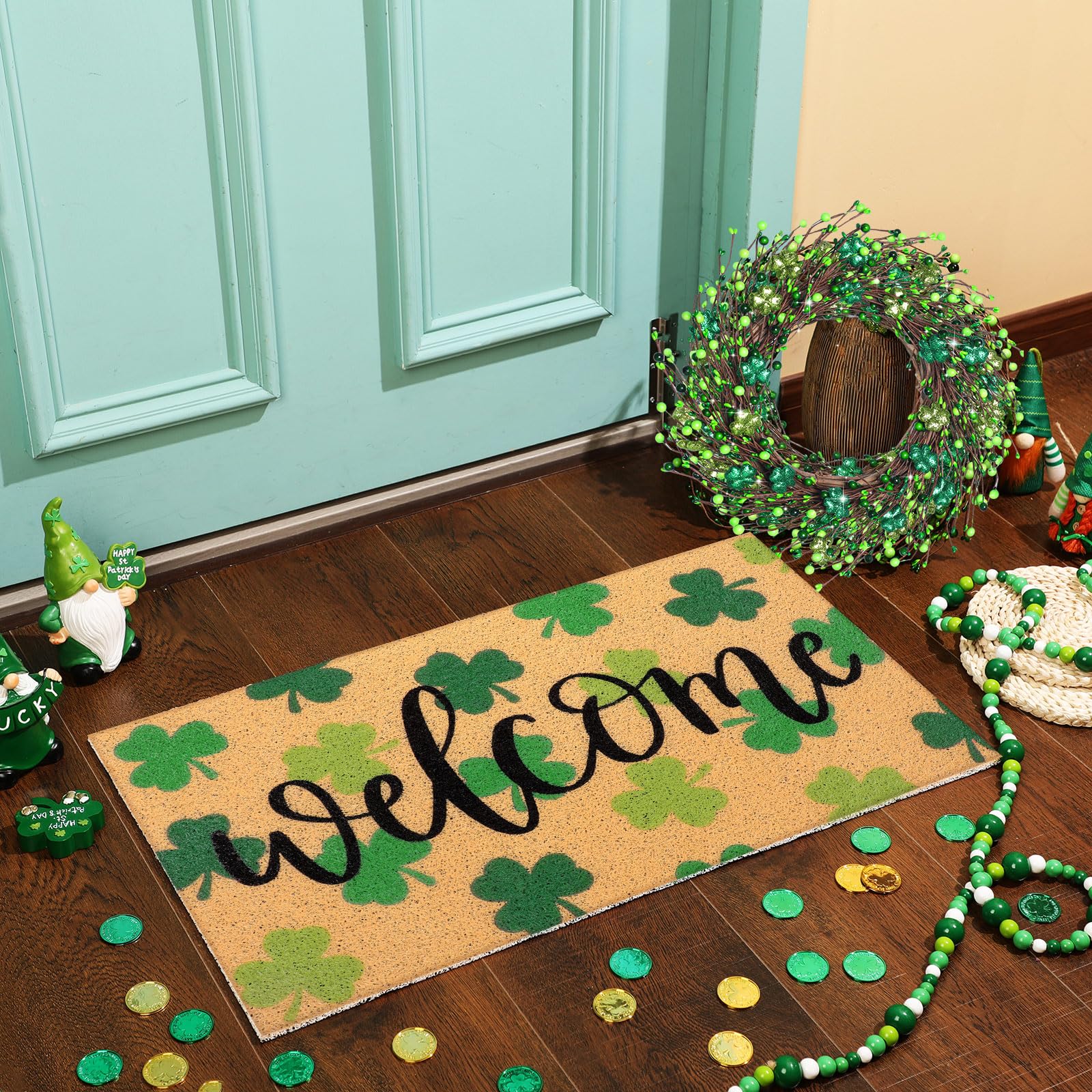 Tingjoo shamrock wreath brightens the entry with lively greens