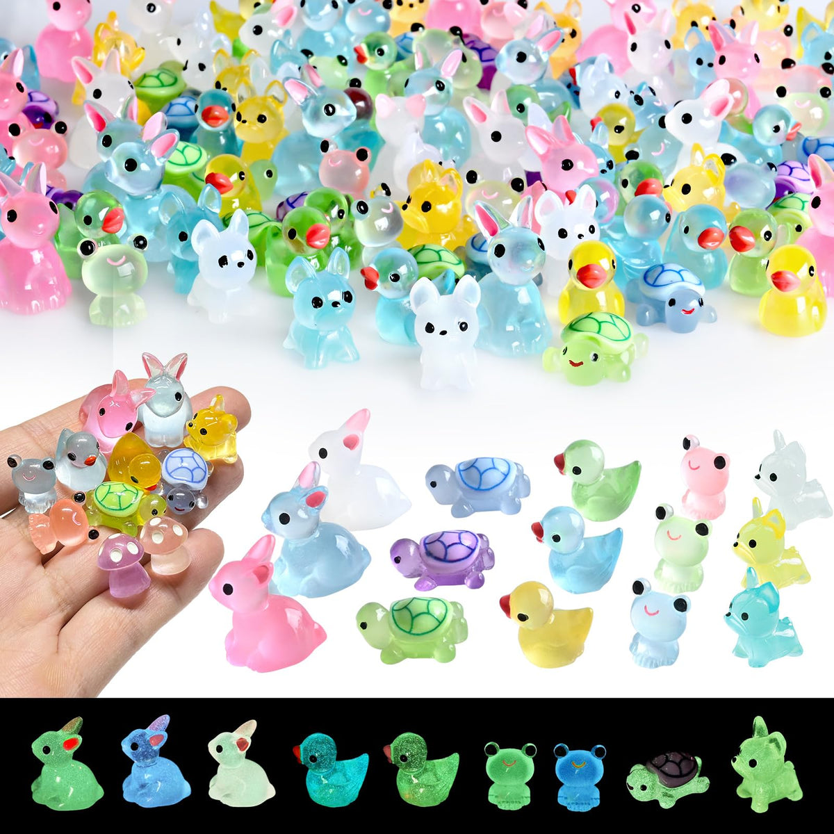 TINGLAN 150-piece mini resin animals turtle for garden decor with gentle night glow.