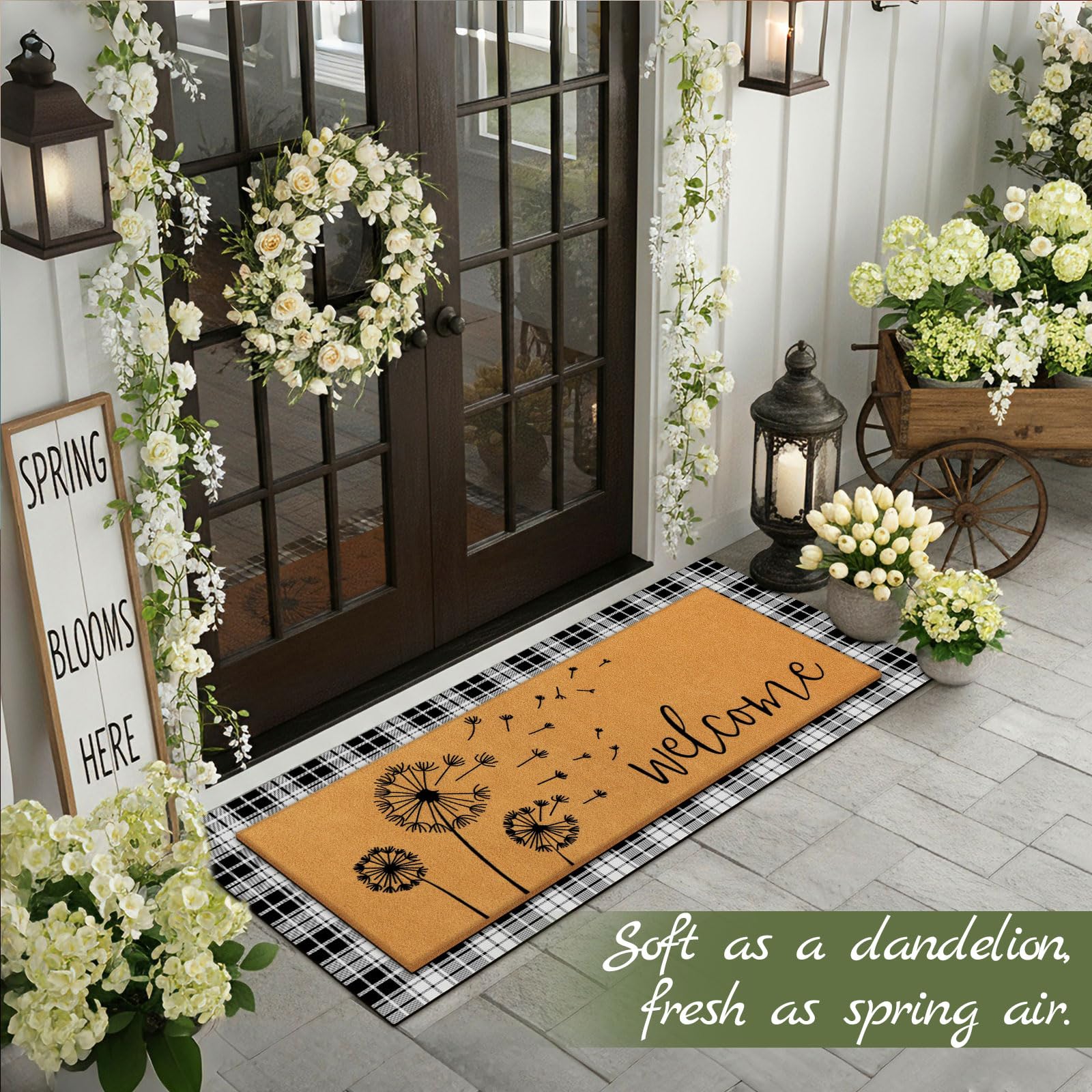 Tinideya black and white plaid front door mat enhances curb appeal