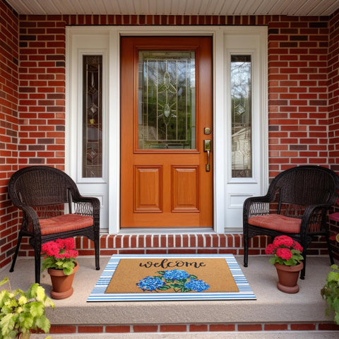 Tinideya two-piece hydrangea set complements entry doors.