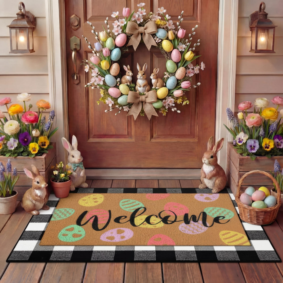 Tinideya Easter eggs welcome mat with non-slip backing for a stable entry.