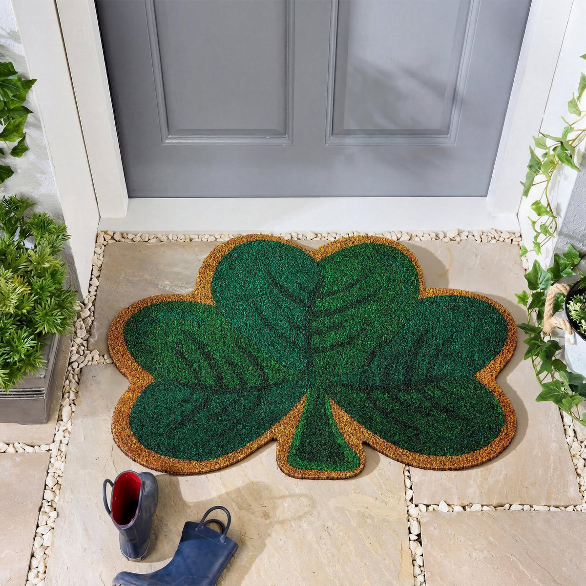 Tinideya St. Patrick's Day shamrock welcome doormat with shamrock design to greet guests.