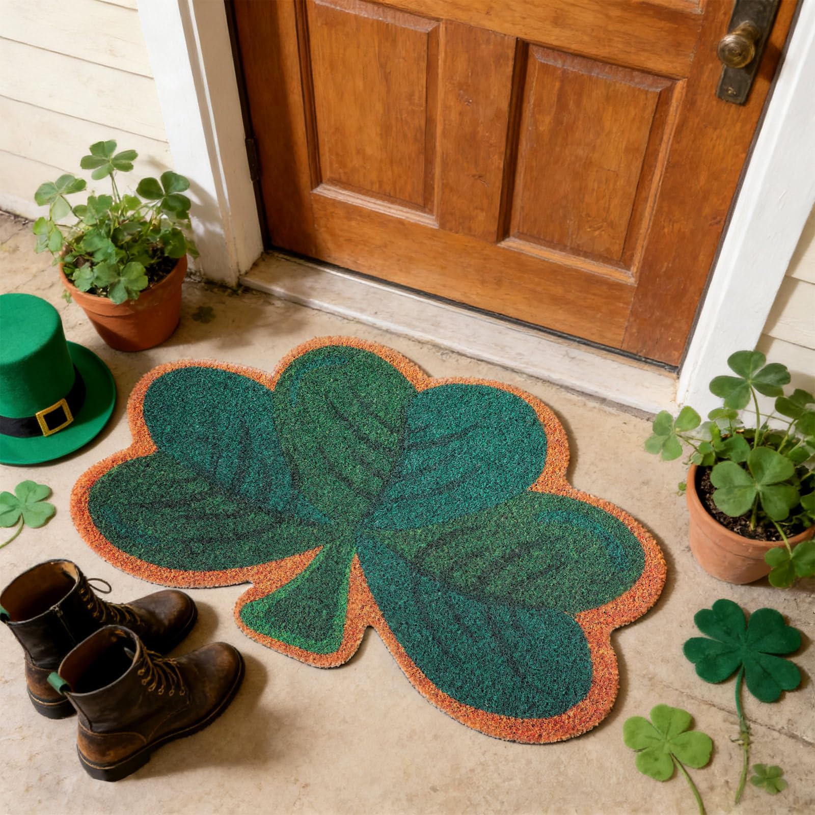 Tinideya green shamrock design doormat adds festive appeal to entryways.