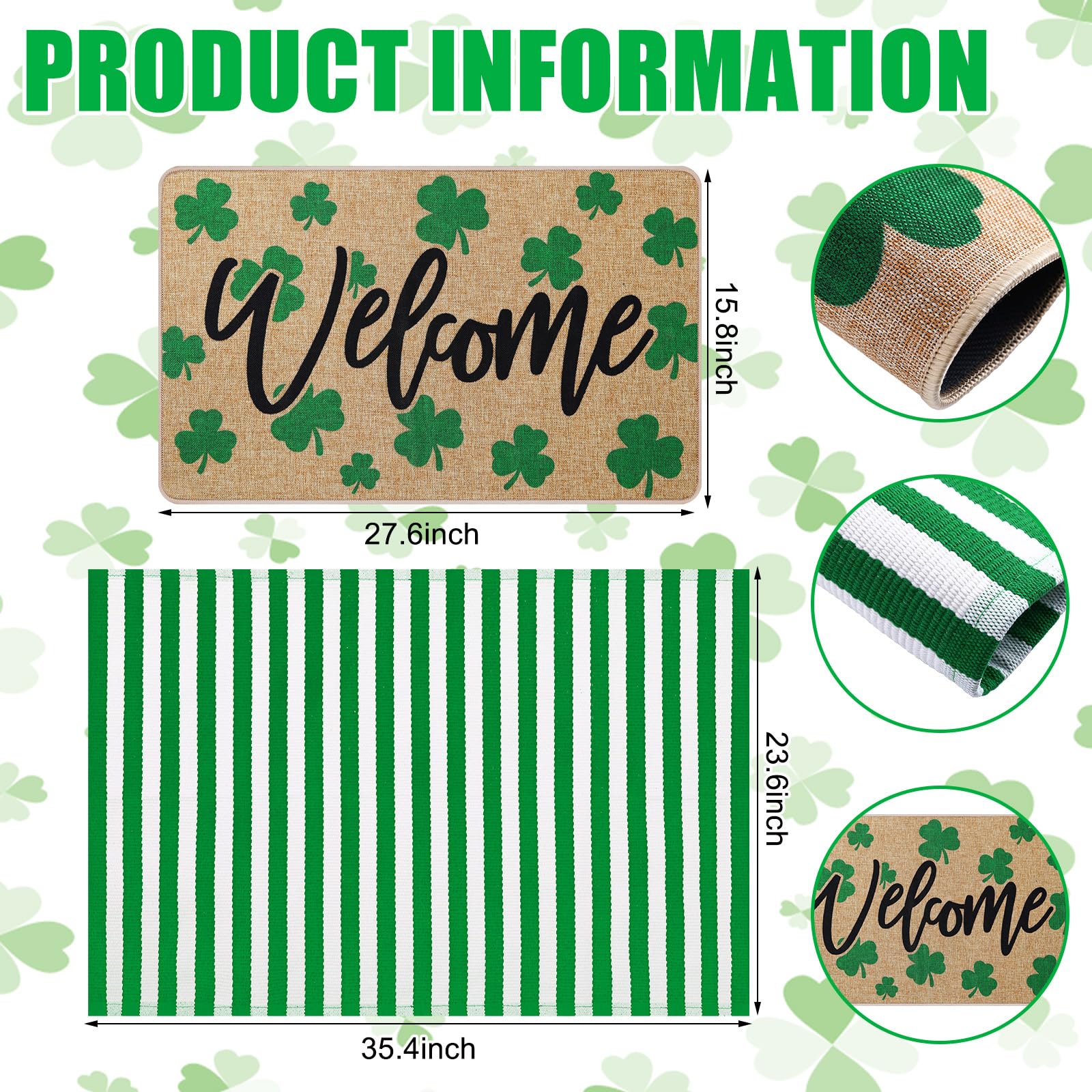 Green and white St. Patrick's Day mat adds seasonal cheer to outdoor entry.