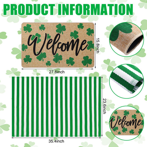 Green and white St. Patrick's Day mat adds seasonal cheer to outdoor entry.