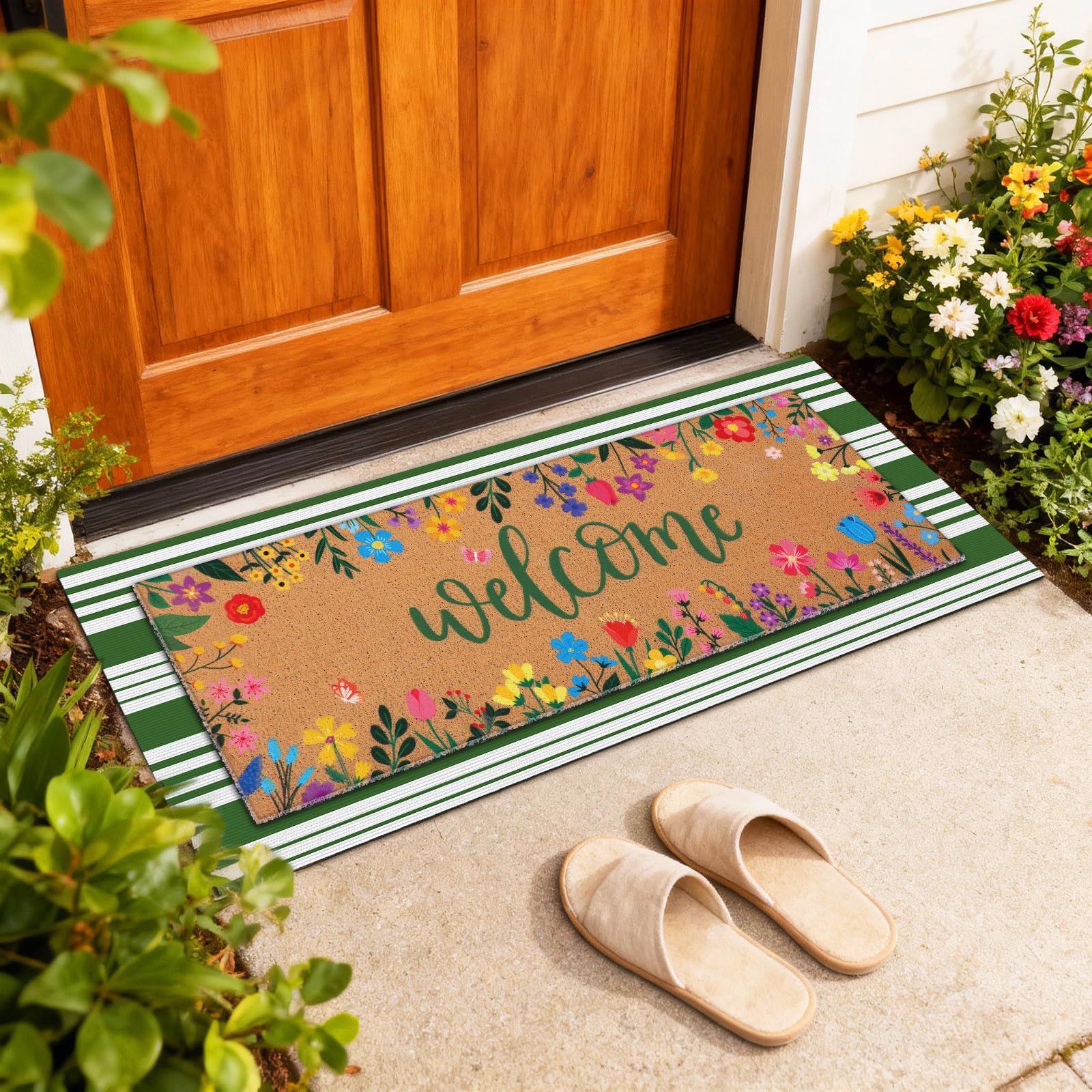 Tinideya green striped mat suited for outdoor porch use and easy cleaning.