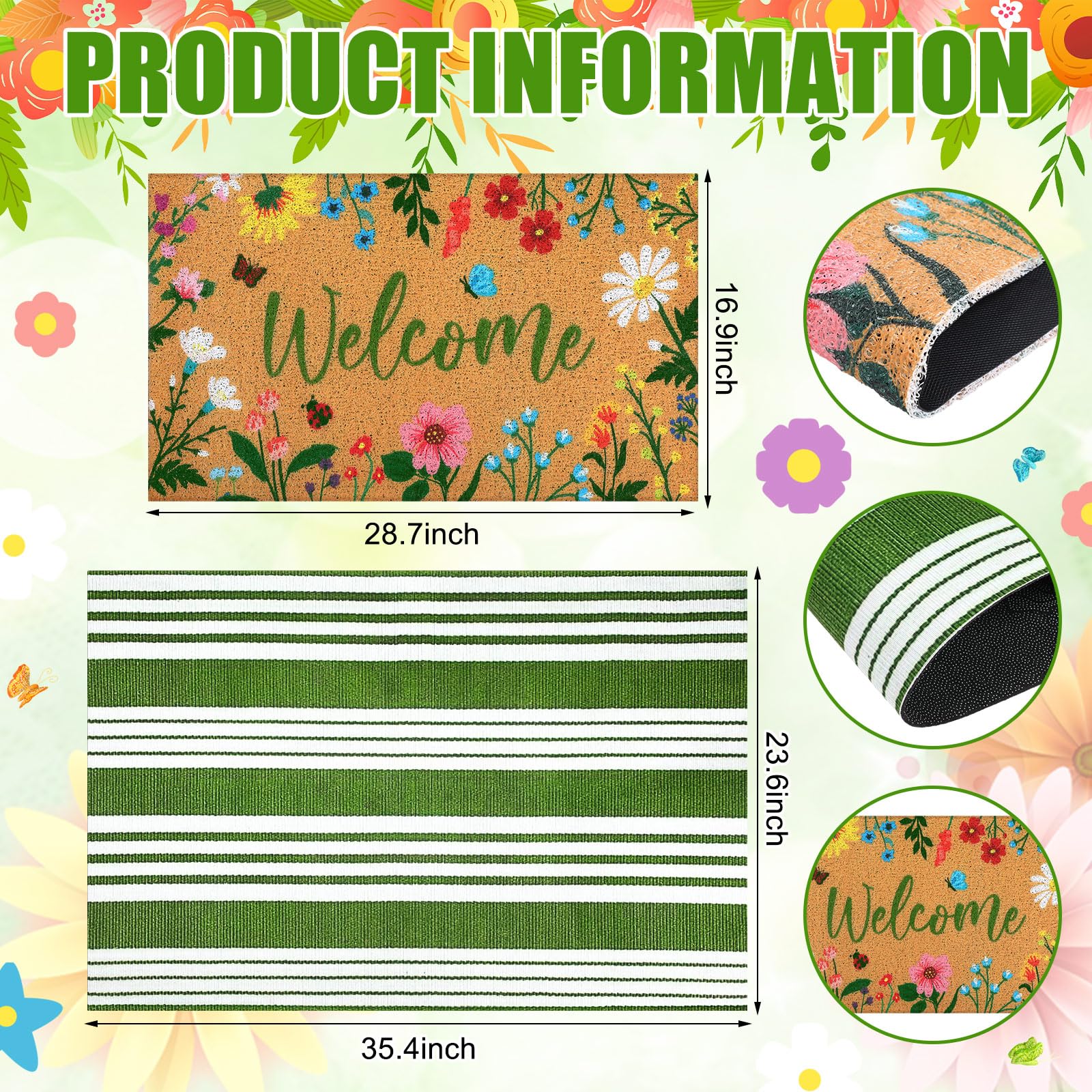 Tinideya green and white striped mat ideal for outdoor entry.
