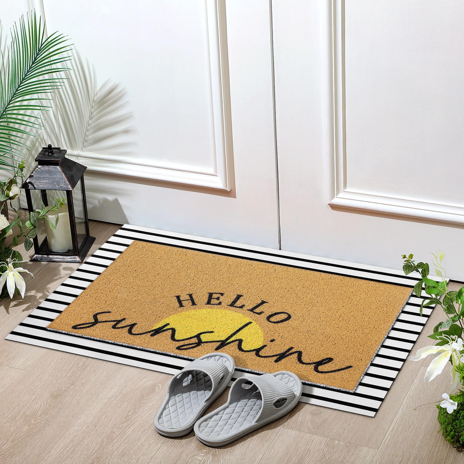Tinideya hello sunshine motif mat adds a welcoming touch to any doorway.