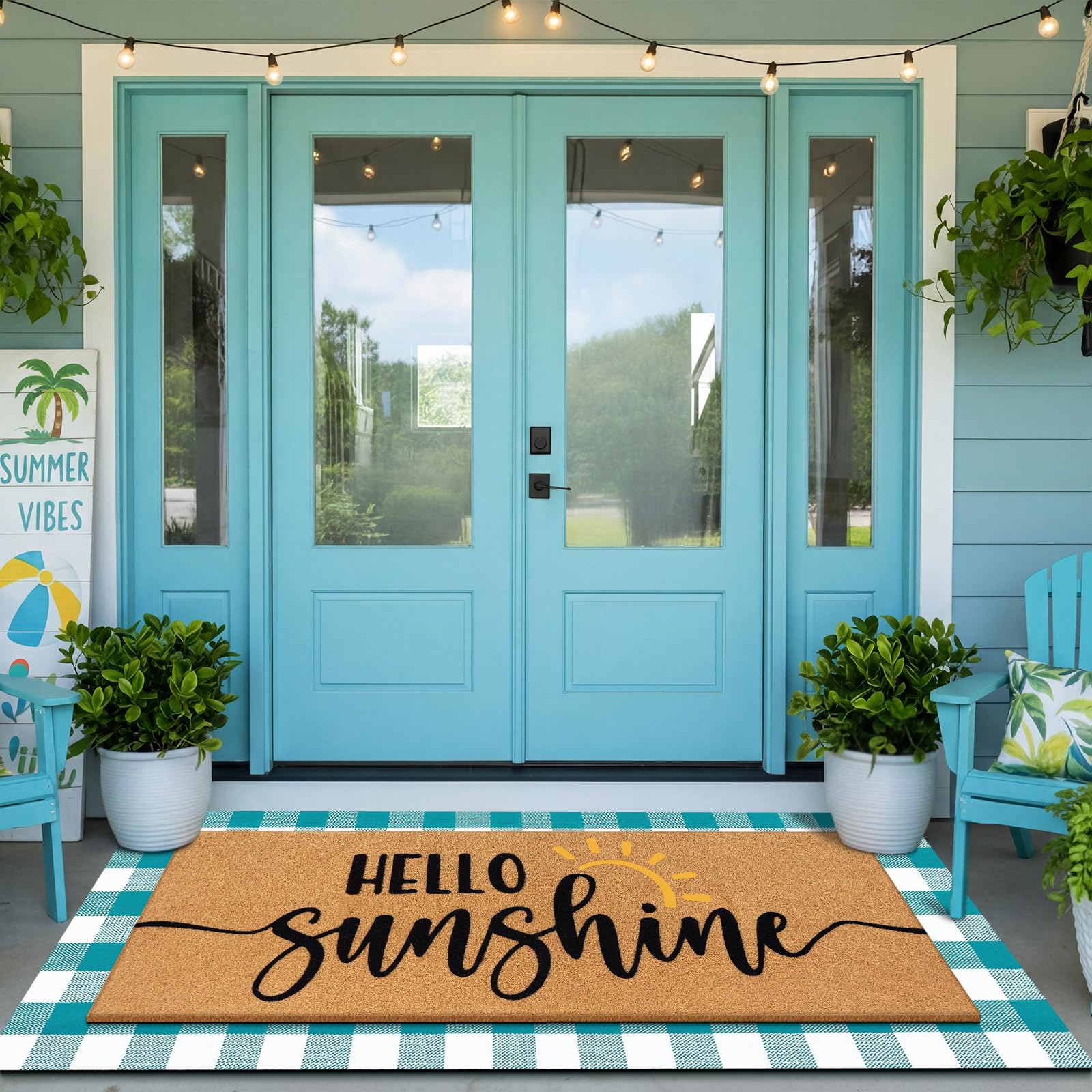 Tinideya Hello Sunshine welcome mat in blue and white plaid enhances curb appeal.