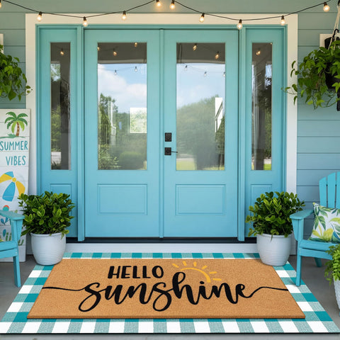 Tinideya Hello Sunshine welcome mat in blue and white plaid enhances curb appeal.