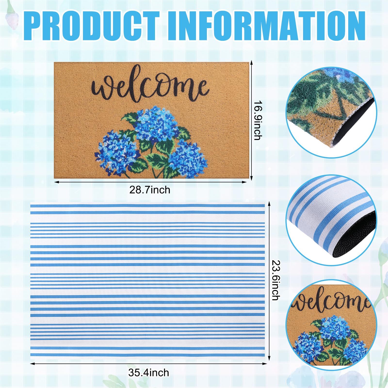 Tinideya blue striped hydrangea mat enhances entry with decorative charm.