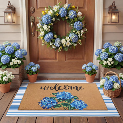 Tinideya hydrangea door mat blue stripe welcomes guests with stable footing.