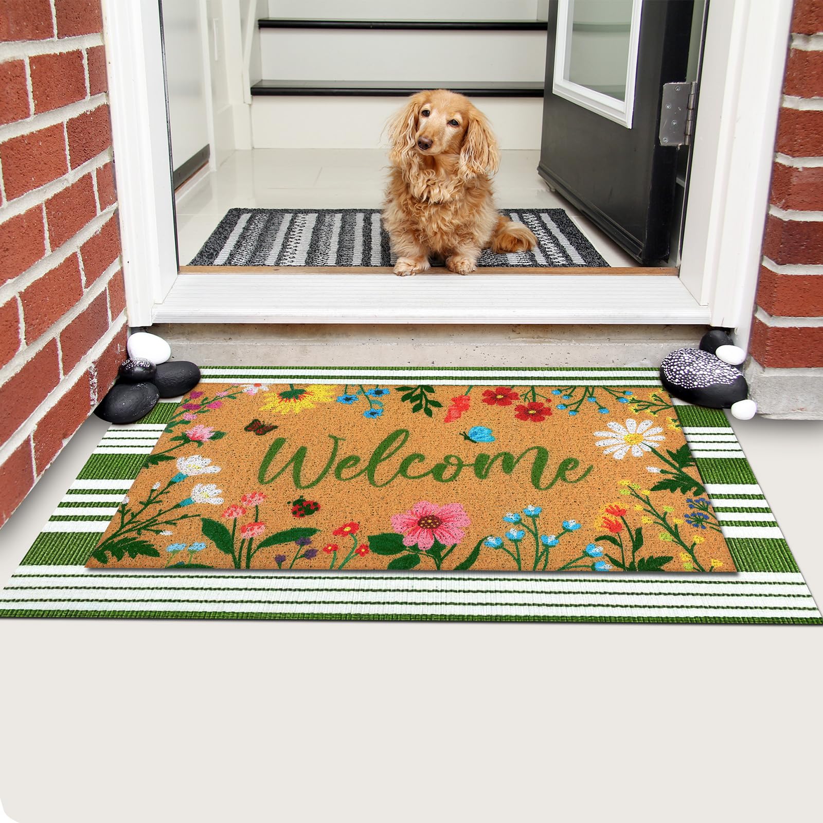 Tinideya indoor outdoor mat enhances porch decor and safety.