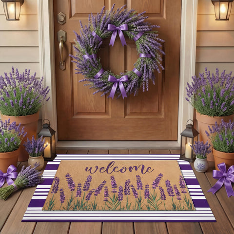 Tinideya lavender door mat with welcome motif for warm entryway.