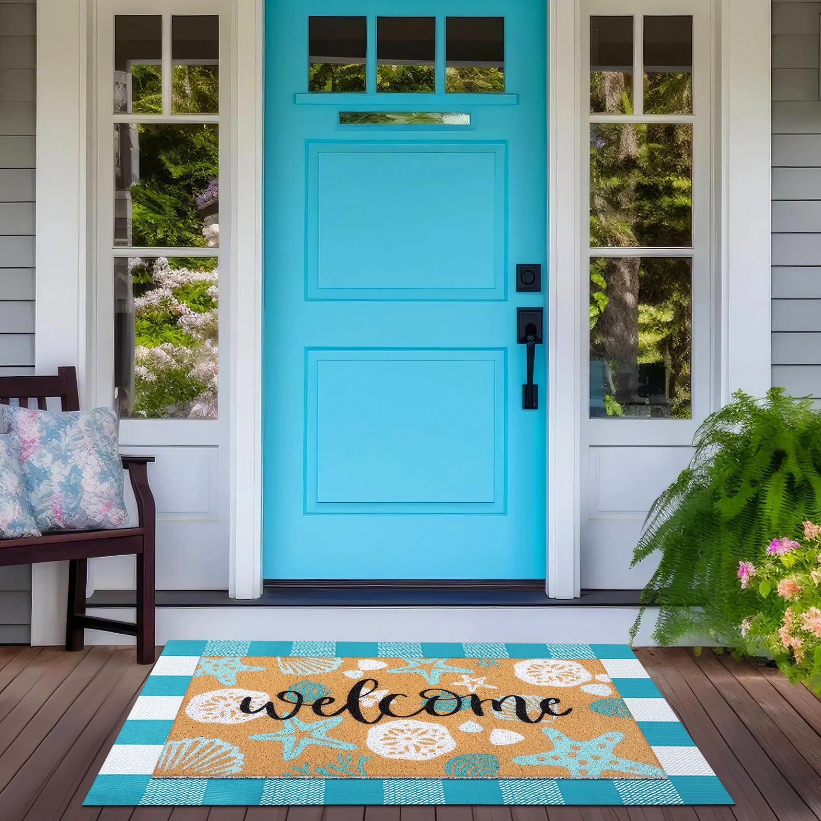 Tinideya ocean buffalo plaid entry mat blends with decor
