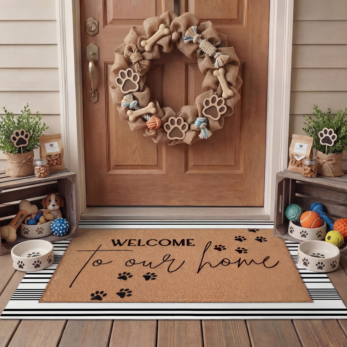 Tinideya pet-themed door mat with paws, welcoming guests at the entry.