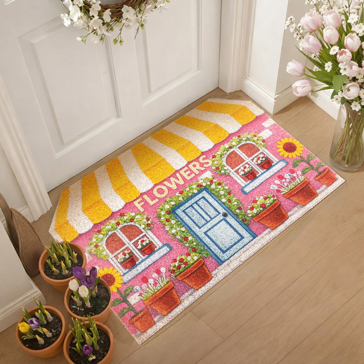 Tinideya Spring Doormat with flower-pot windows for a welcoming entryway.