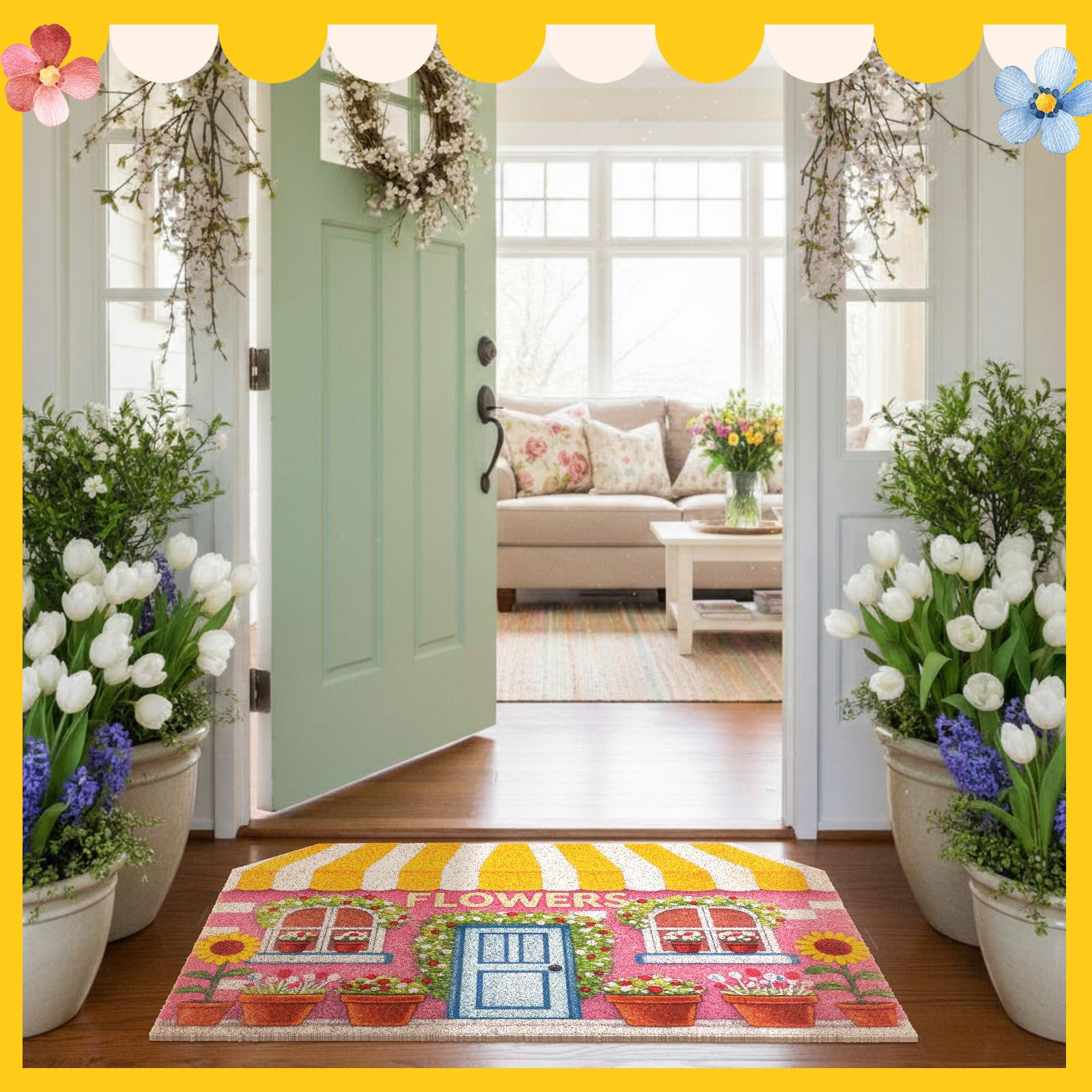 Tinideya Spring Doormat pastel colors brighten entryways and indoor spaces.