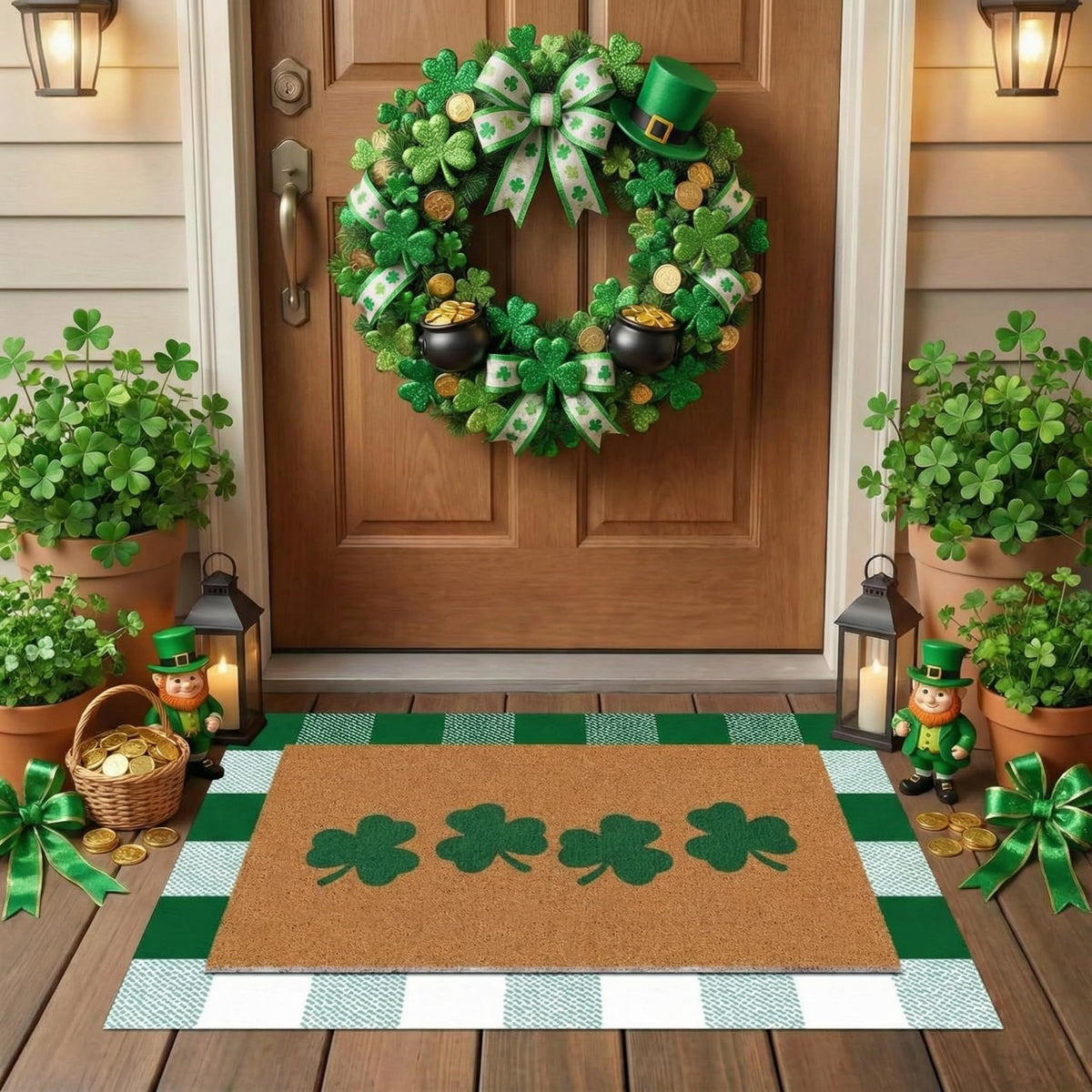 Tinideya St. Patrick's Day door mat Shamrock green-white 60x90 welcomes guests with durable non-slip backing.