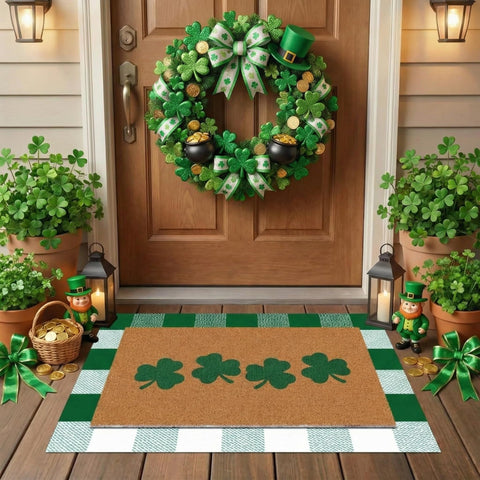 Tinideya St. Patrick's Day door mat Shamrock green-white 60x90 welcomes guests with durable non-slip backing.