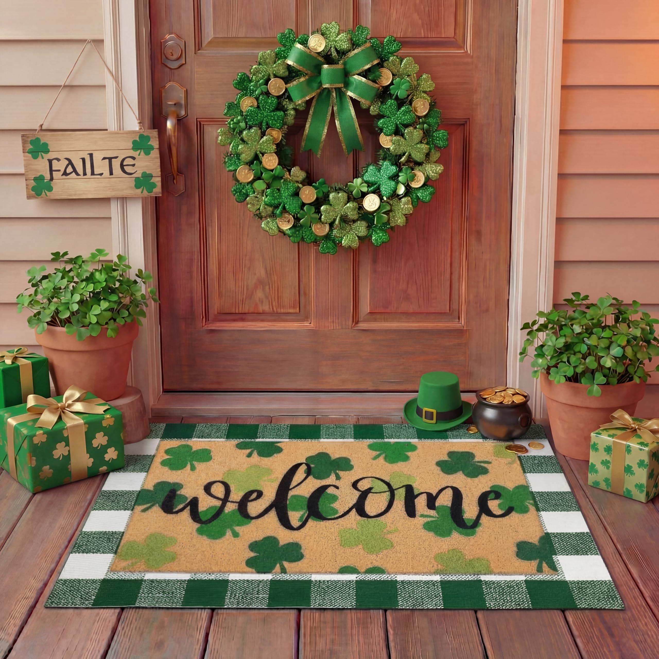 Tinideya St. Patrick's Day door mat welcome with vibrant greens greets guests at the entry.
