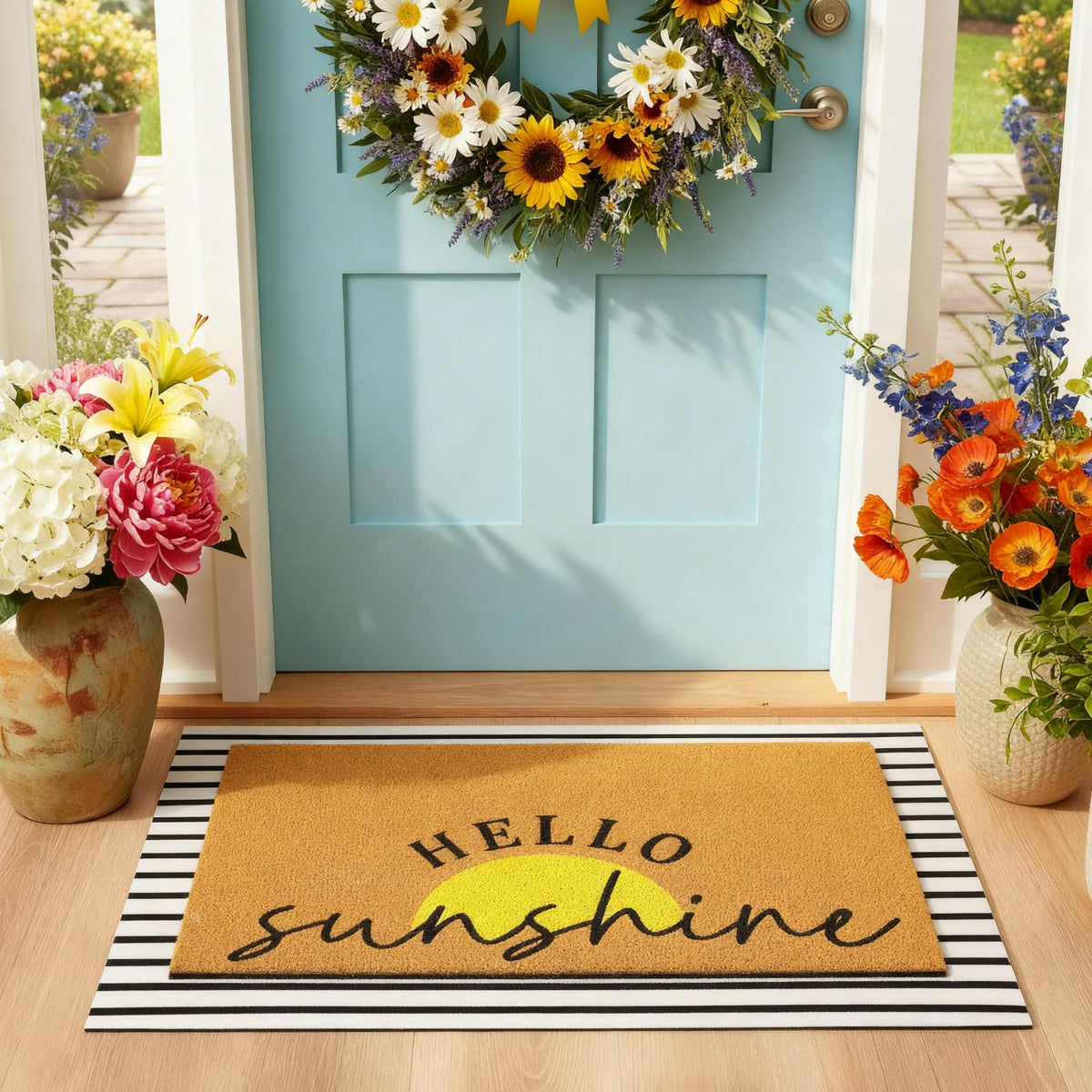 Tinideya Sunshine door mat with stripe design greets guests at the front entrance.
