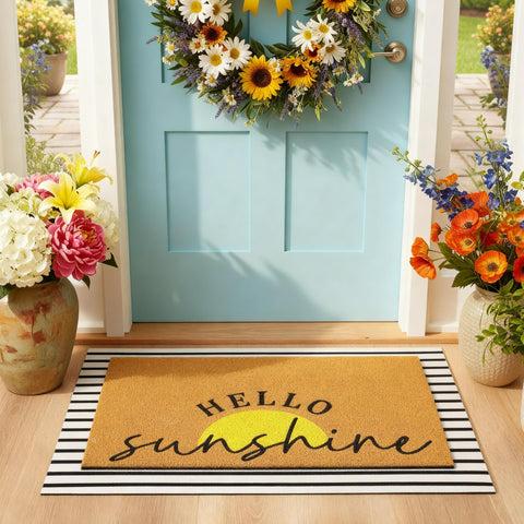 Tinideya Sunshine door mat with stripe design greets guests at the front entrance.