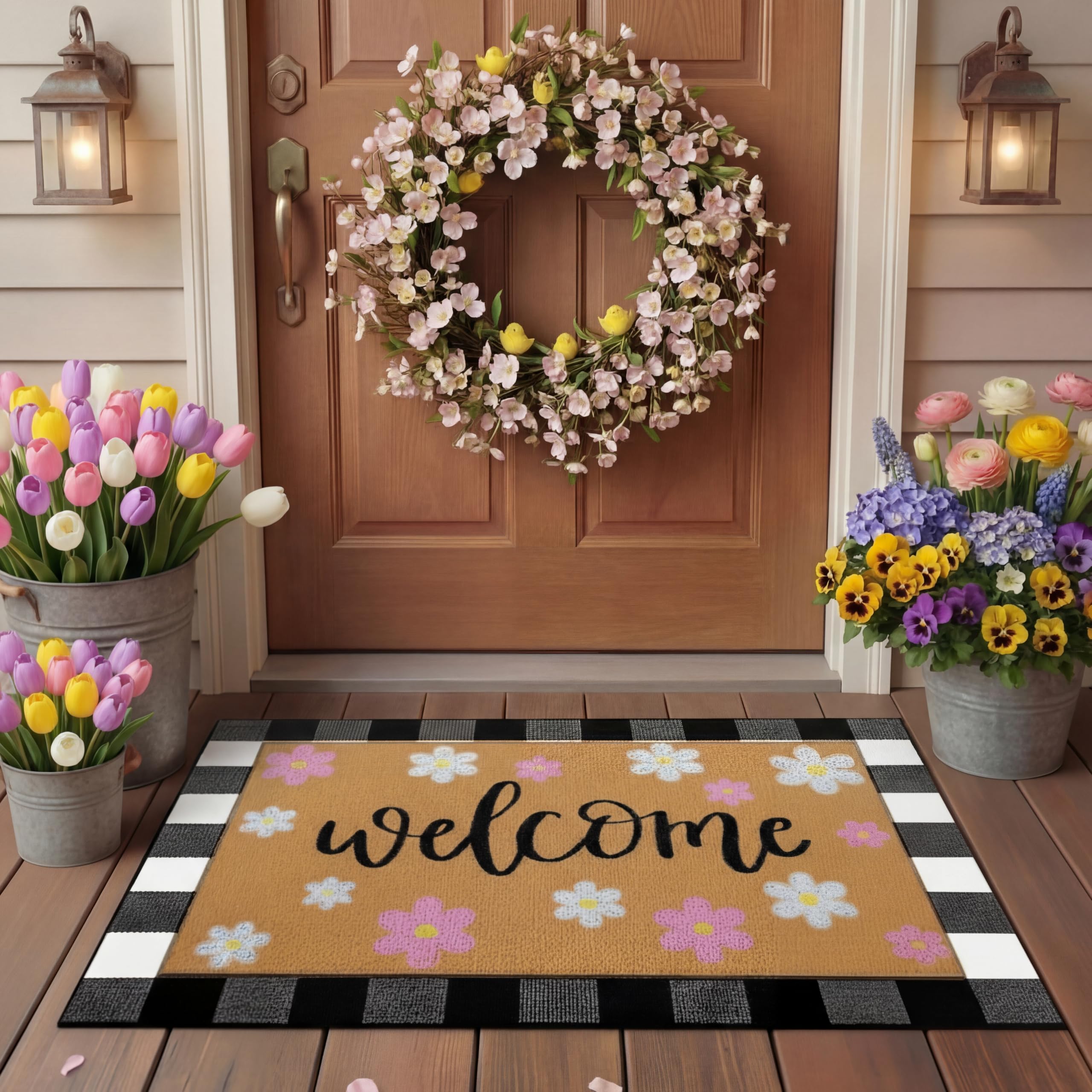 Tinideya pink flower door mat for outdoor use enhances curb appeal.