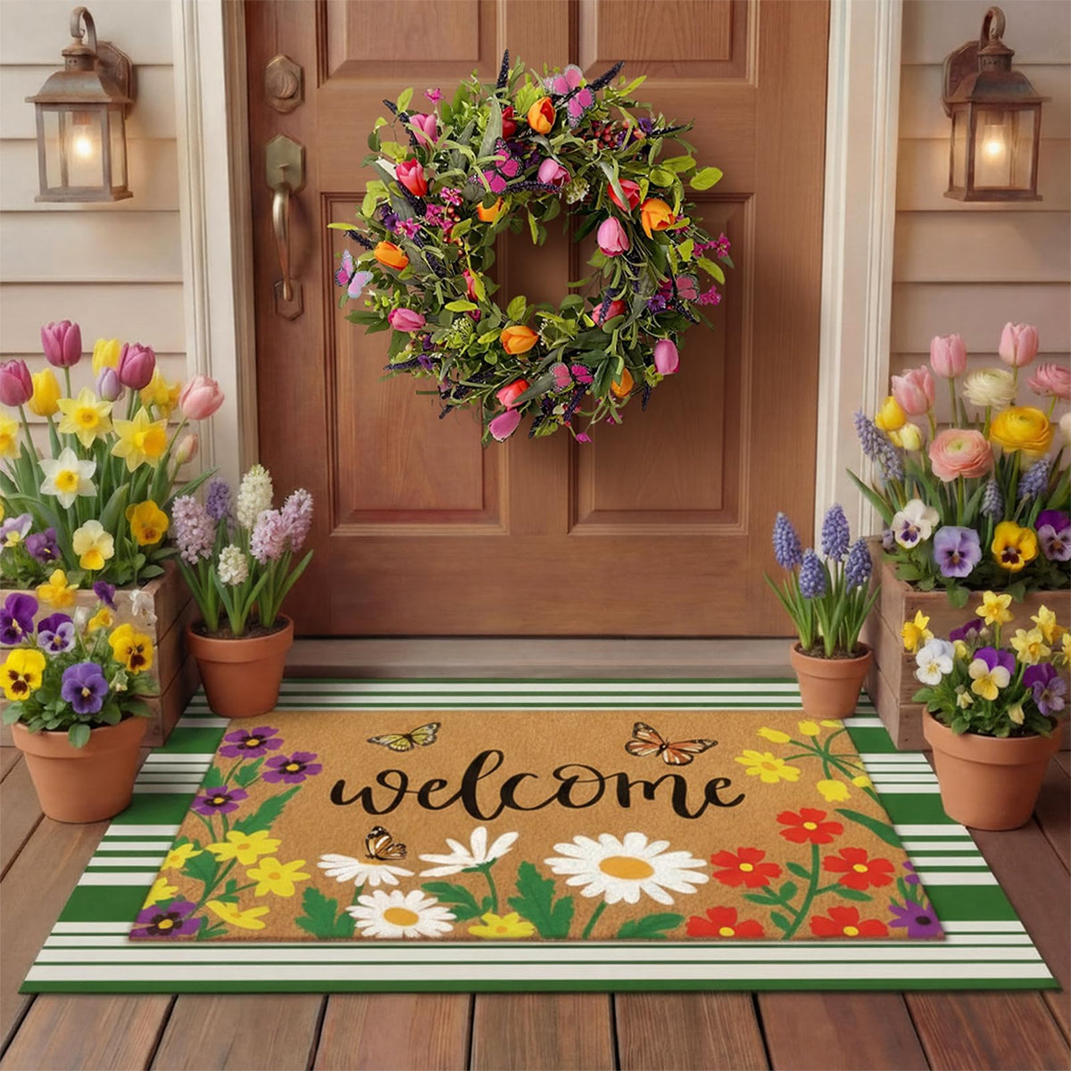 Tinideya welcome doormat with butterflies and flowers at the doorway.